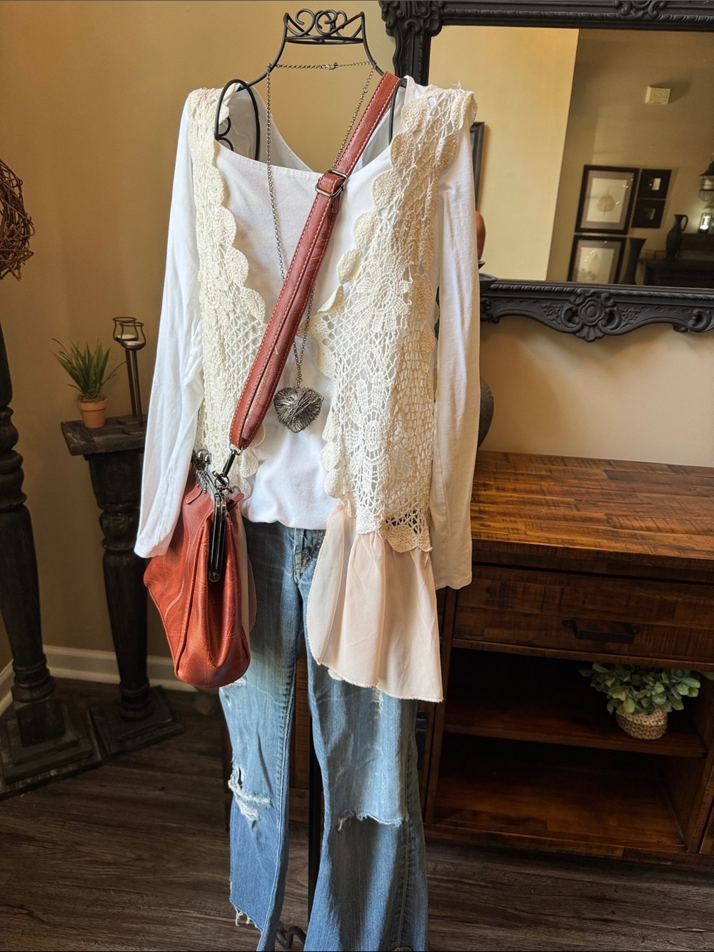Rue21 Cream and Peach Crochet Peplum Camisole Vest